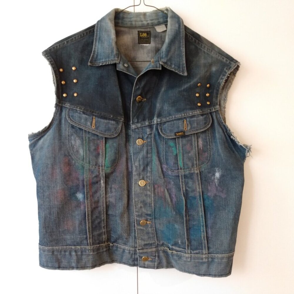 Vintage Denim Jean Jacket Vest Hand Painted XL 46" Chest "Lee Riders" - Picture 2 of 11